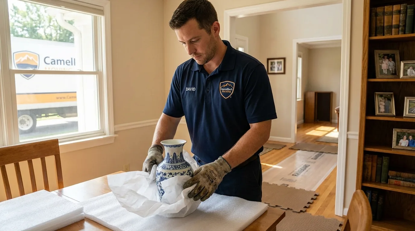 Professional crew carefully wrapping antique vase for senior downsizing move in Nescopeck, PA